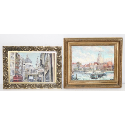 378 - Madge Martin, oil on board entitled Portsmouth Old Town, dated 1950, presented in gilt frame and a f... 