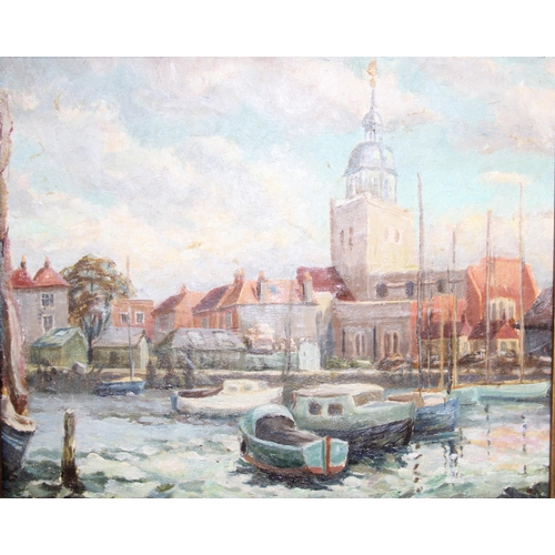 378 - Madge Martin, oil on board entitled Portsmouth Old Town, dated 1950, presented in gilt frame and a f... 