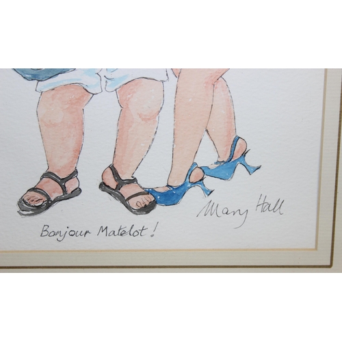 383 - 3 ink and watercolour paintings of couples by Mary Hall, to incl 'Bonjour Matelot' and 'Foreign Affa... 