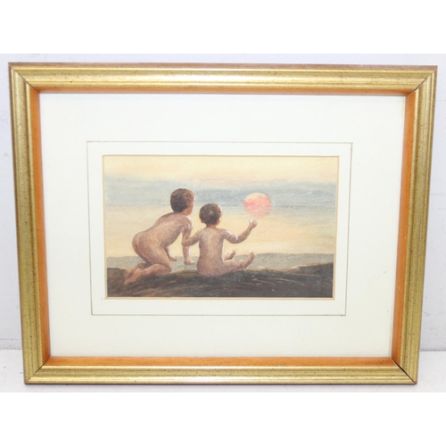 390 - Small watercolour of two young children watching a sunset, seemingly unsigned, 24cm x 19cm