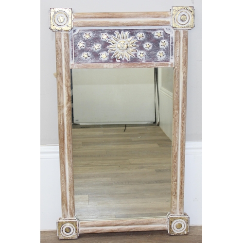 393 - Large painted wall mirror with moon and stars decoration, and a glazed and framed embroidered panel,... 