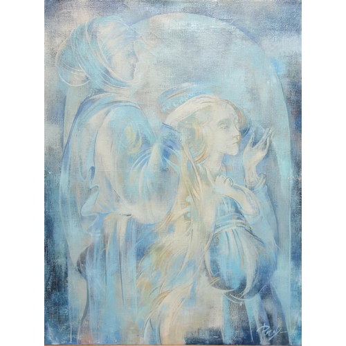 397 - Svetlana Rychkova (Russian XX-XXI) oil or acrylic on canvas depicting religious figures, blue scale ... 