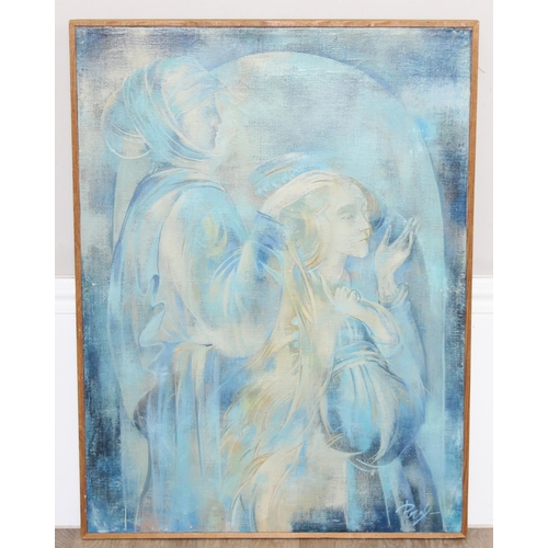 397 - Svetlana Rychkova (Russian XX-XXI) oil or acrylic on canvas depicting religious figures, blue scale ... 