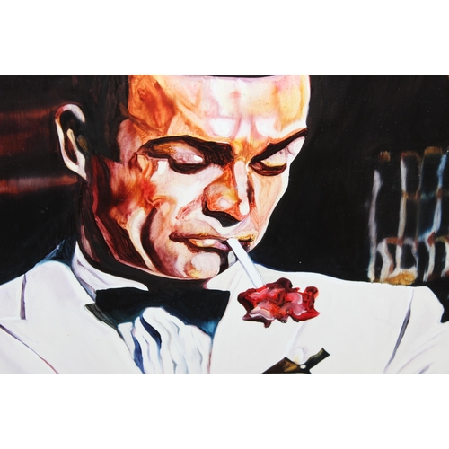 400 - An original oil or acrylic on board depicting Sean Connery as James Bond in white tuxedo, seemingly ... 