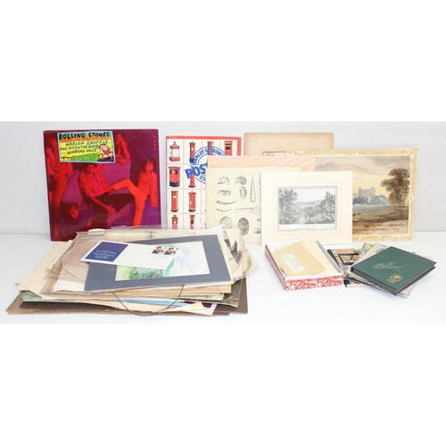 529 - Qty of mixed items to incl stamps, prints and pictures, sealed Rolling Stones vinyl record, etc