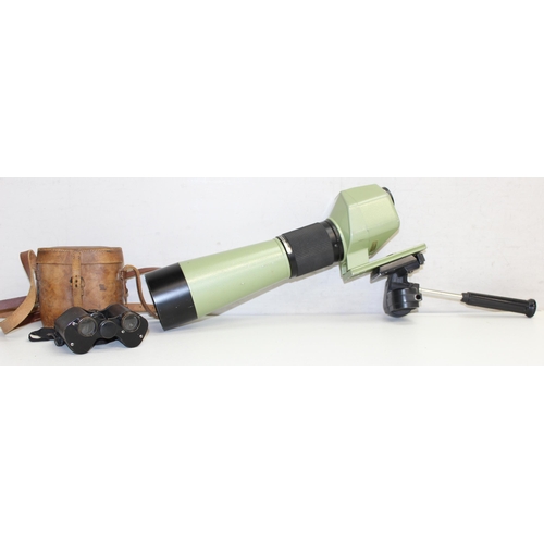 724 - Vintage Velbon spotting scope and a pair of binoculars in leather case