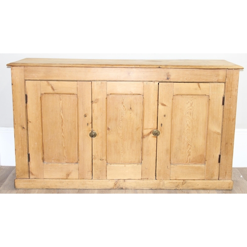 2 - An antique pine 3 door sideboard with brass latches, approx 173cm wide x 51cm deep x 97cm tall