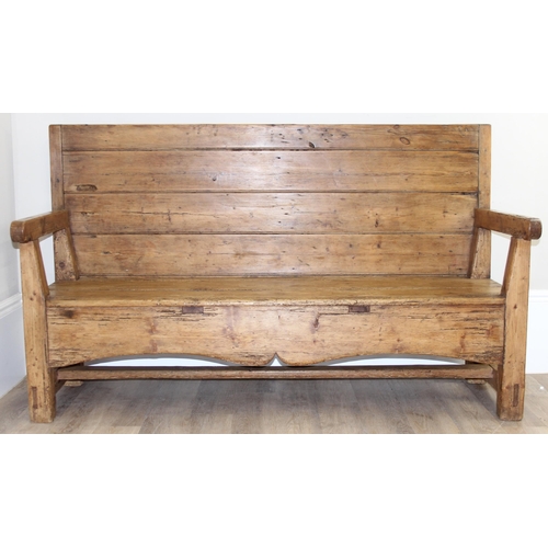 4 - An antique rustic pine high backed bench or settle, approx 175cm wide x 70cm deep x 105cm tall