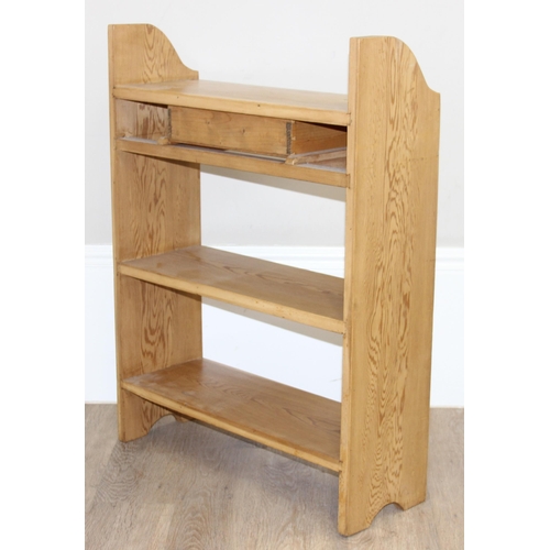 9 - A small vintage pitch pine free standing bookcase with single drawer, approx 62cm wide x 22cm deep x... 