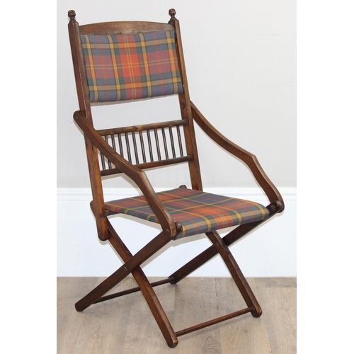 99 - An antique folding mahogany campaign chair with later tartan upholstery, approx 51cm wide x 102cm ta... 