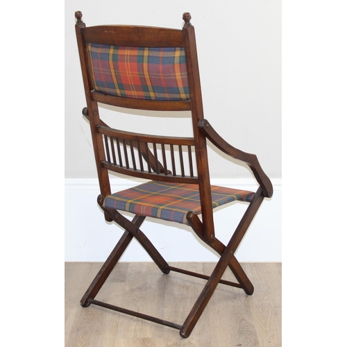 99 - An antique folding mahogany campaign chair with later tartan upholstery, approx 51cm wide x 102cm ta... 