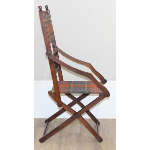 99 - An antique folding mahogany campaign chair with later tartan upholstery, approx 51cm wide x 102cm ta... 