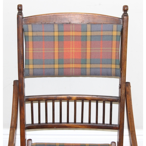 99 - An antique folding mahogany campaign chair with later tartan upholstery, approx 51cm wide x 102cm ta... 