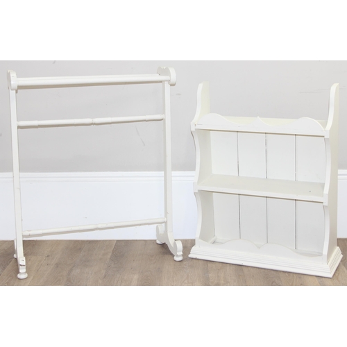 113 - A vintage white painted towel rail and a white painted pine wall shelf, the towel rail approx 72cm w... 