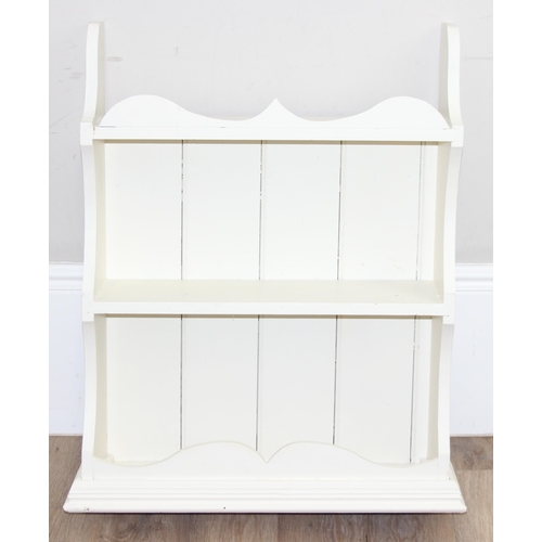 113 - A vintage white painted towel rail and a white painted pine wall shelf, the towel rail approx 72cm w... 