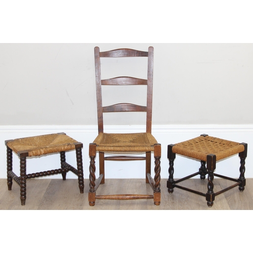 57 - 3 pieces of Arts & Crafts period furniture with either rush or seagrass seats, to incl an oak bedroo... 