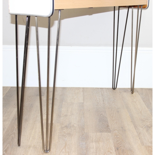 32 - An unusual retro desk type sideboard with black Formica top and metal hairpin legs, fold down front ... 