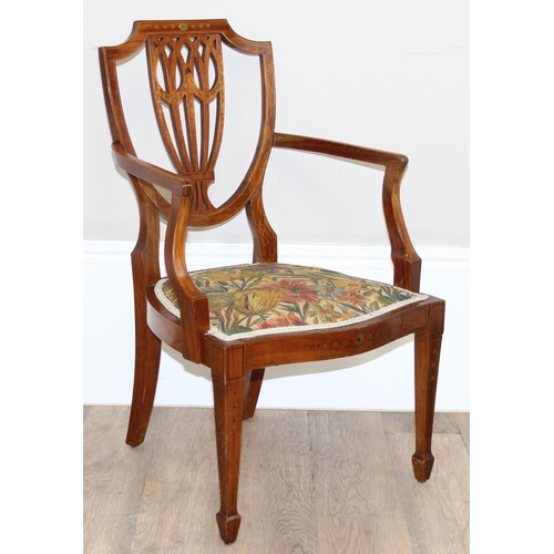 112 - An antique shield backed bedroom chair with inlaid details, approx 50cm wide x 80cm tall