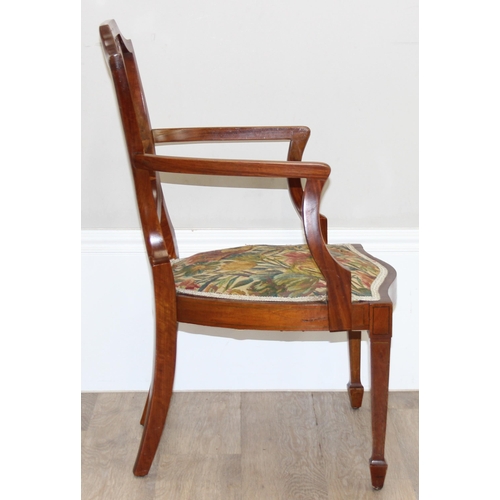 112 - An antique shield backed bedroom chair with inlaid details, approx 50cm wide x 80cm tall