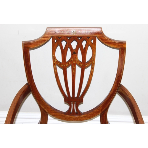 112 - An antique shield backed bedroom chair with inlaid details, approx 50cm wide x 80cm tall