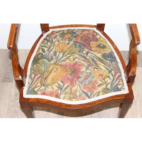 112 - An antique shield backed bedroom chair with inlaid details, approx 50cm wide x 80cm tall