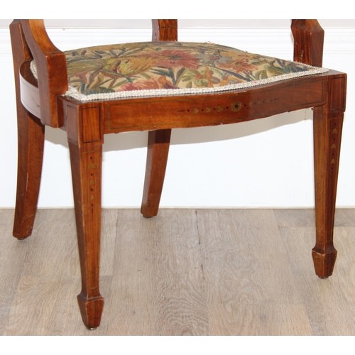 112 - An antique shield backed bedroom chair with inlaid details, approx 50cm wide x 80cm tall