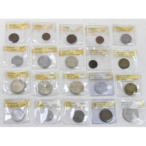 1212 - A qty of assorted named mixed antique and later world coins in sleeves and box, with an associated a... 