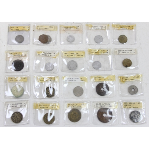 1212 - A qty of assorted named mixed antique and later world coins in sleeves and box, with an associated a... 