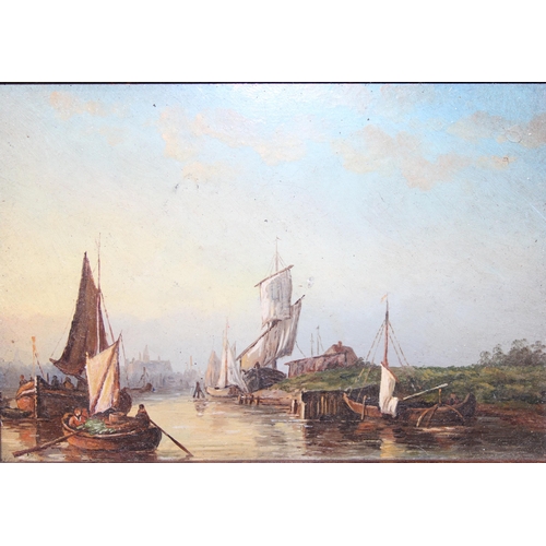 403 - An antique style oil on board depicting a number of boats near the shoreline, presented in impressiv... 