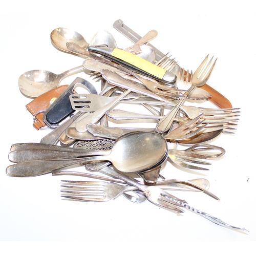 1065 - Mix of cutlery/kitchen items with some silver-plate, to incl a set of teak-handled knife and fork se... 