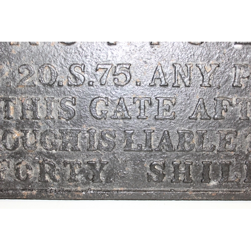 402 - Antique cast iron railway gate notice sign, dated 1875, approx 79cm x 25cm