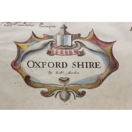 406 - Antique Robert Morden hand coloured map of Oxfordshire, purported to be c.1722, approx 45cm x 39cm