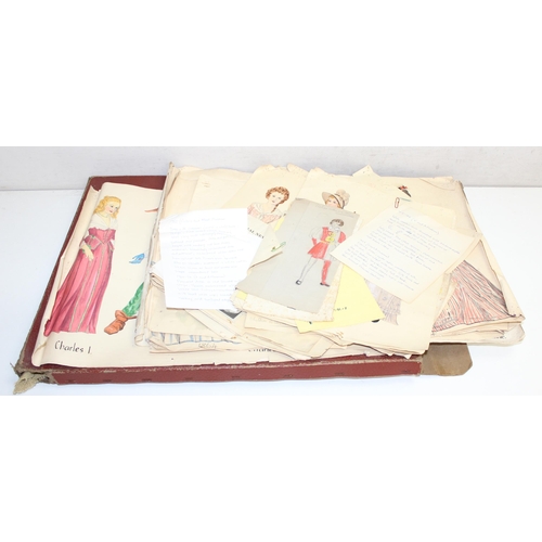 531 - Folio of vintage mid-century watercolour paintings and ephemera relating to historical fashion, many... 