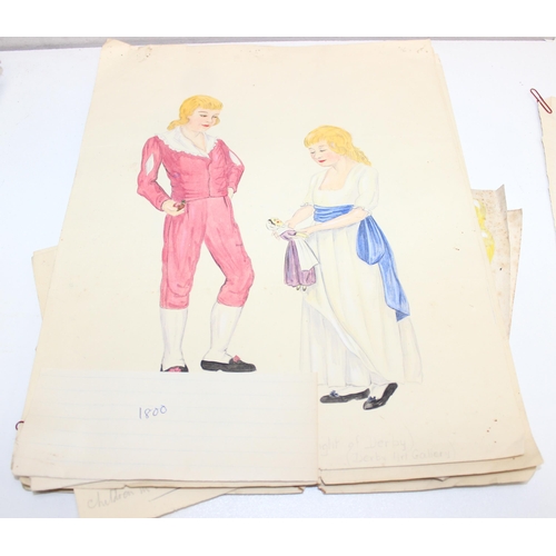 531 - Folio of vintage mid-century watercolour paintings and ephemera relating to historical fashion, many... 