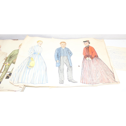 531 - Folio of vintage mid-century watercolour paintings and ephemera relating to historical fashion, many... 