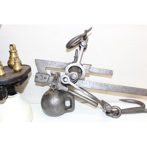 725 - Vintage set of W&T Avery shop weighing scales with some associated weights and a set of antique styl... 