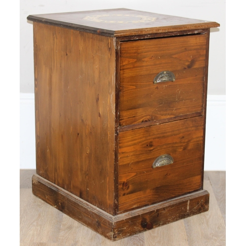 92 - A vintage stained pine 2 drawer chest of drawers with iron cup handles, approx 49cm wide x 55cm deep... 