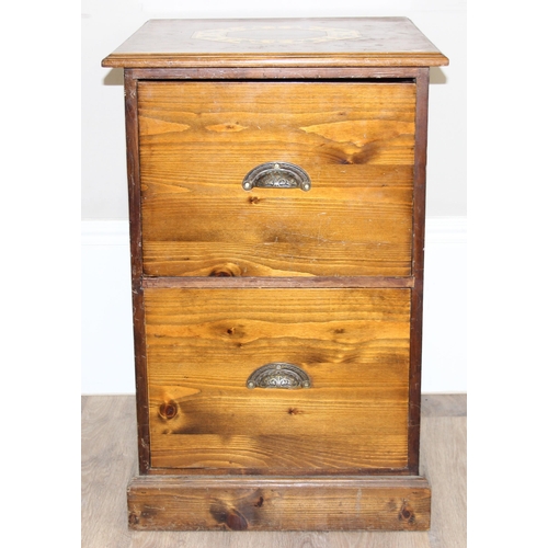 92 - A vintage stained pine 2 drawer chest of drawers with iron cup handles, approx 49cm wide x 55cm deep... 