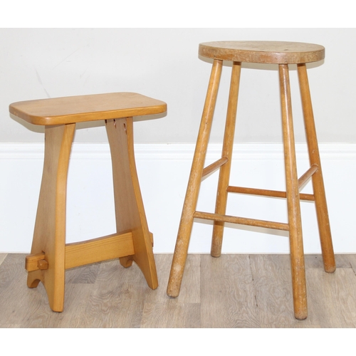 115 - A rustic style light elm stool made by Chris Preston & a further vintage oval topped lightwood stool... 