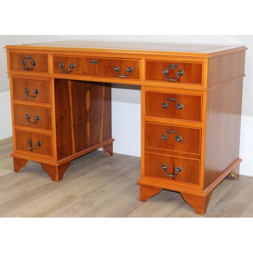 30 - A modern Yew wood effect oak pedestal 3 part desk with inset leather top, approx 122cm wide x 61cm d... 