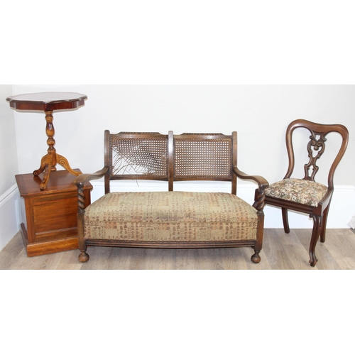 74 - Art Deco period oak and bergere 2 seater sofa, Victorian balloon back chair, modern marquetry table ... 