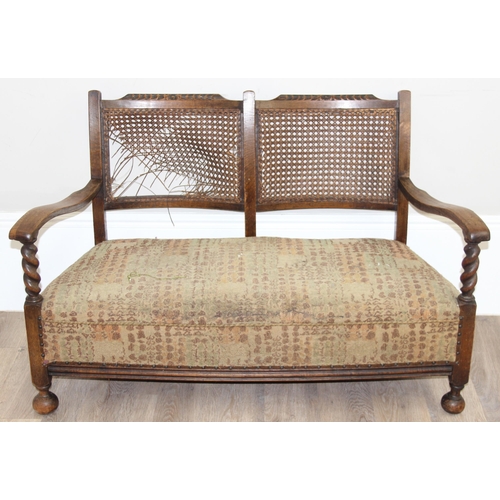 74 - Art Deco period oak and bergere 2 seater sofa, Victorian balloon back chair, modern marquetry table ... 