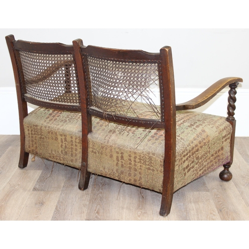 74 - Art Deco period oak and bergere 2 seater sofa, Victorian balloon back chair, modern marquetry table ... 