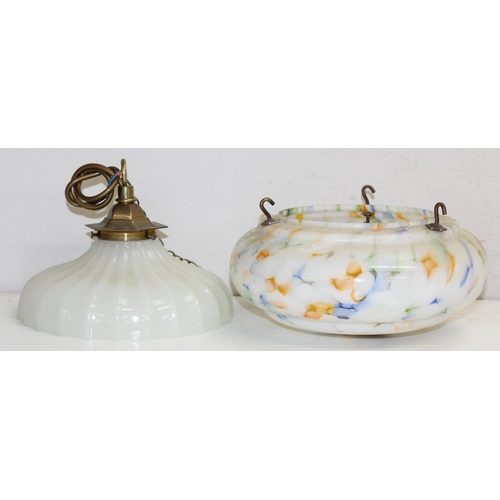 253 - A vintage pressed opaline glass and brass mounted hanging light shade and an Art Deco period speckle... 