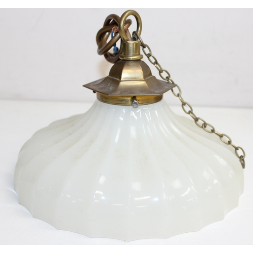 253 - A vintage pressed opaline glass and brass mounted hanging light shade and an Art Deco period speckle... 