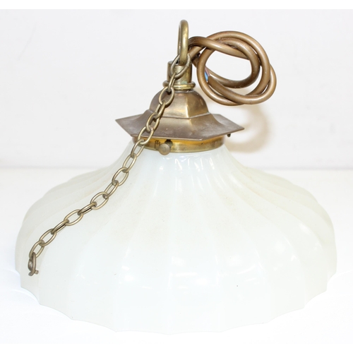 253 - A vintage pressed opaline glass and brass mounted hanging light shade and an Art Deco period speckle... 