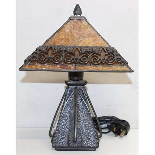 254 - An impressive Tiffany style bronze effect and slag glass table lamp, highly decorative secessionist ... 