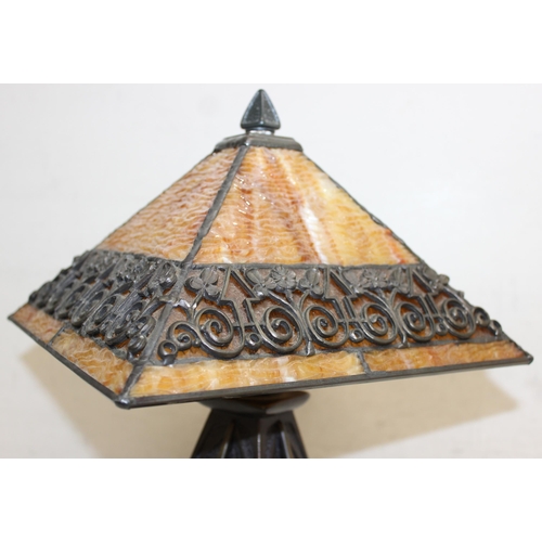 254 - An impressive Tiffany style bronze effect and slag glass table lamp, highly decorative secessionist ... 