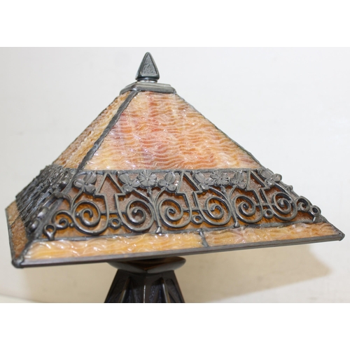 254 - An impressive Tiffany style bronze effect and slag glass table lamp, highly decorative secessionist ... 