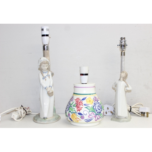 256 - 2 Nao porcelain figure lamps and a retro Poole pottery lamp, the largest approx 41cm tall